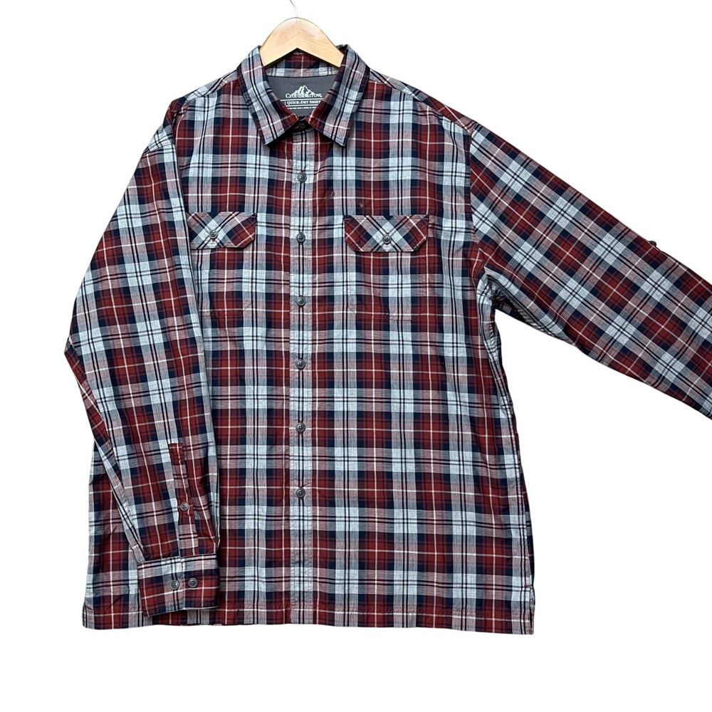 Croft Barrow Quick-Dry Shirt Men Large Red Gray Plaid Vented Back Outdoor Hiking